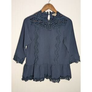 Hidden Alley BOHO Top Blue/Dark Gray Crochet Trim Detail 3/4 Sleeve Size S